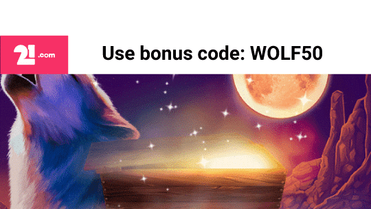 50 ilmaiskierrosta Wolf Gold-peliin <br/> kun talletat 21.comilla. <br/> Lunasta bonuskoodilla: <strong> WOLF50</strong>